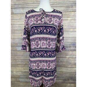 Beach Lunch Lounge Small Dress Laced Collar Bell Sleeves Boho Floral Purple